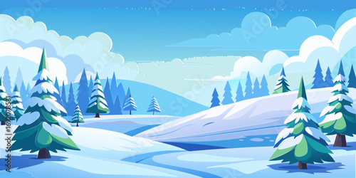 vector graphics, landscape, sky, clouds, forest, mountains, stream, snow, ice, trees, bushes, pine needles, thawed patches, snowdrifts, fjords, meadows, glades, wind, freshness