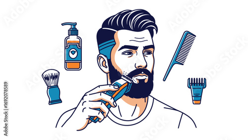 Stylish man with a beard grooming his facial hair with a modern electric razor surrounded by barber tools like a comb and brush