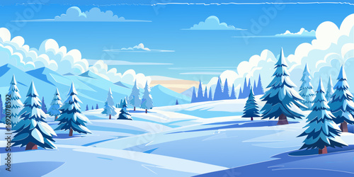 vector graphics, landscape, sky, clouds, forest, mountains, stream, snow, ice, trees, bushes, pine needles, thawed patches, snowdrifts, fjords, meadows, glades, wind, freshness