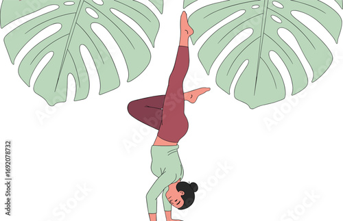 Cartoon yoga handstand illustration, balance and flexibility pose vector, tropical wellness artwork, fitness character design, monstera leaf background, mindful exercise icon set