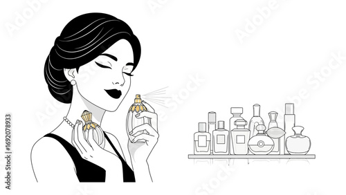 Elegant woman with closed eyes spraying perfume on her neck with a collection of perfume bottles in the background in a sophisticated artistic illustration style