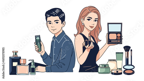 Diverse young man and woman showcasing a variety of popular beauty and skincare products including perfumes makeup and cosmetics for modern lifestyle