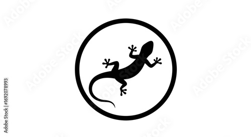 Minimalistic black gecko inside a circle on white background graphic asset