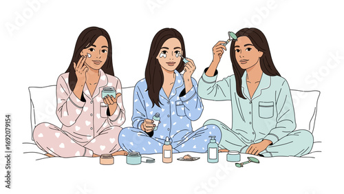 Three young women in pajamas applying skincare products together during a fun sleepover or beauty routine at home