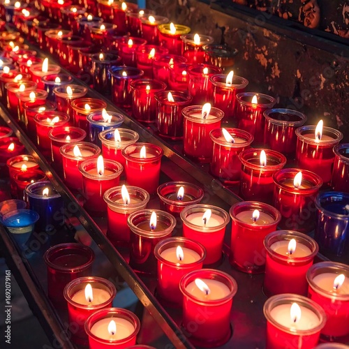 Rows of lit prayer candles
