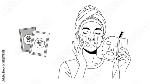 A woman with her eyes closed wearing a towel on her head holds a sheet mask to her face with a refreshing drink in her other hand