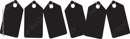 A group of black tags arranged in a horizontal composition
