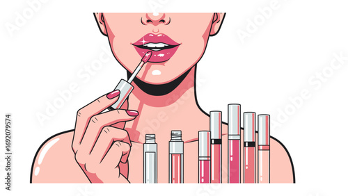 Close up of a woman applying glossy pink lip gloss with a brush from a collection of various lip gloss tubes on a white background