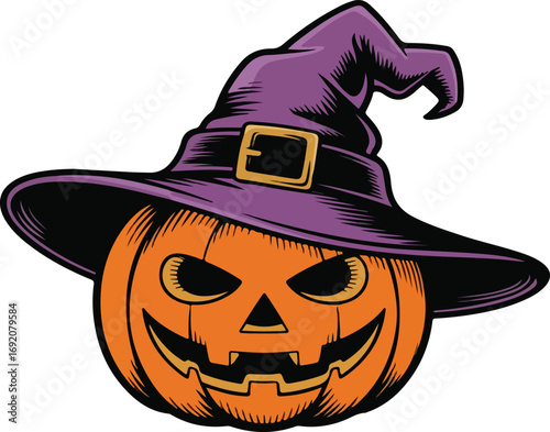 A cartoon pumpkin wearing a purple witch hat with gold buckle