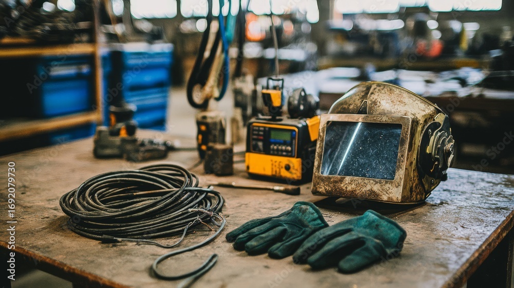 Fototapeta premium A workspace displaying a welding mask, gloves, and cables in disarray.