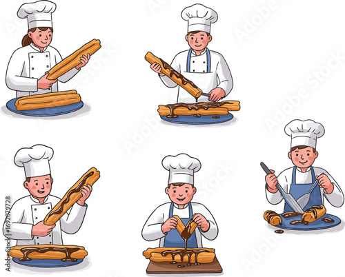 Chef preparing chocolate dessert, baking process, delicious chocolate eclair, pastry chef making dessert, cooking, chocolate sauce, sweet treat, baking skills, culinary art, dessert preparation.