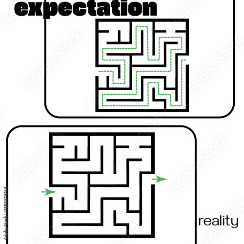 Illustration with labyrinth, maze conundrum for kids. Baby puzzle with entry and exit. Children puzzle game. Expectation and reality for labyrinth.