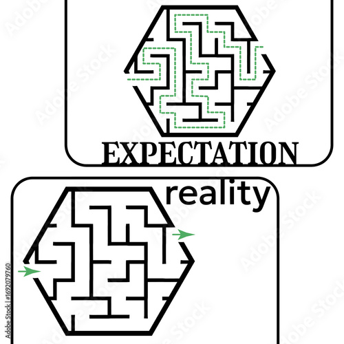 Illustration with labyrinth, maze conundrum for kids. Baby puzzle with entry and exit. Children puzzle game. Expectation and reality for labyrinth.