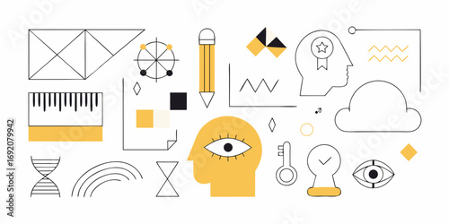 Abstract geometric icons representing ideas knowledge creativity and innovation in yellow and black