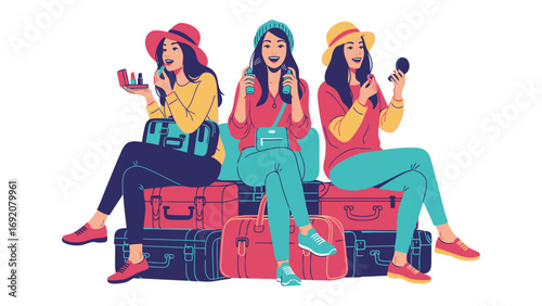 Three stylish young women in colorful outfits and hats applying makeup while sitting on vintage luggage ready for a journey
