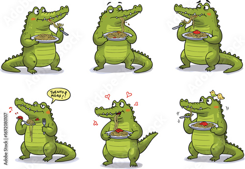 Cute cartoon crocodile eating spaghetti, funny animal character, playful illustration, pasta meal, happy reptile, kids friendly, colorful art, food enjoyment, whimsical design.