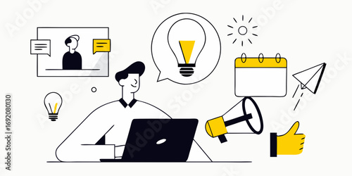 Creative business person working on laptop with ideas communication marketing and planning elements