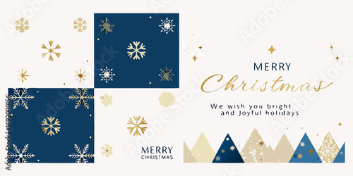 Elegant merry christmas greeting card with snowflakes and festive mountains in gold and navy blue