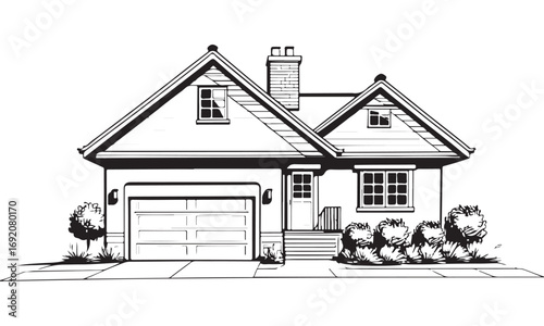 Monochrome Line Art Drawing of a Suburban House with Garage and Landscaping