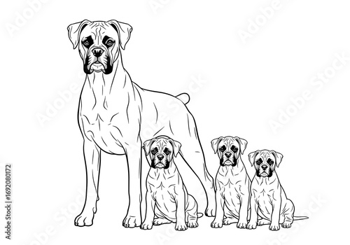 Boxer mother standing with three puppies in a family portrait style in black and white