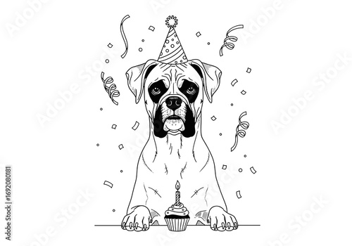 Boxer dog wearing a party hat with a cupcake in front, celebrating its birthday in black and white style