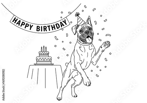 Boxer dog wearing a party hat celebrating its birthday next to a cake in a festive atmosphere in black and white style