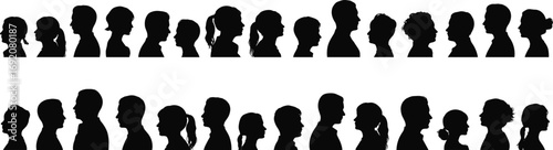 Human head silhouette set, diverse profile shapes, hairstyle variation, black vector heads, side view illustration, identity concept, comparison chart, artistic diversity design