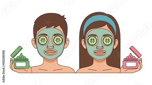 A man and woman enjoying a relaxing spa treatment with green clay masks and cucumber slices on their eyes holding skincare products