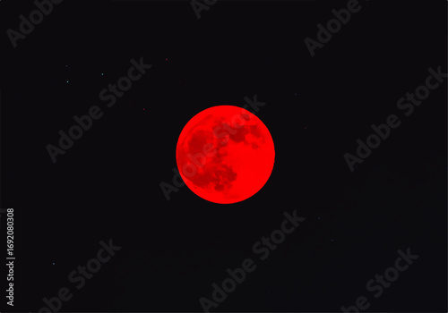 Flat 2D illustration of a total lunar eclipse, glowing red in the night sky
