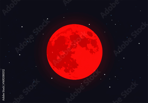 Flat 2D illustration of a total lunar eclipse, glowing red in the night sky
