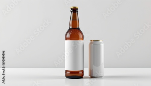 A bottle of beer and a can on a table against a plain background.