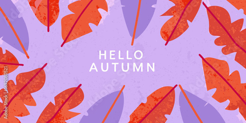 Hello autumn text surrounded by stylized orange and purple leaves on a textured lavender background