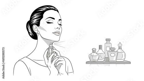 Elegant woman with eyes closed applying perfume to her neck with a puff of fragrance surrounded by classic perfume bottles on a shelf