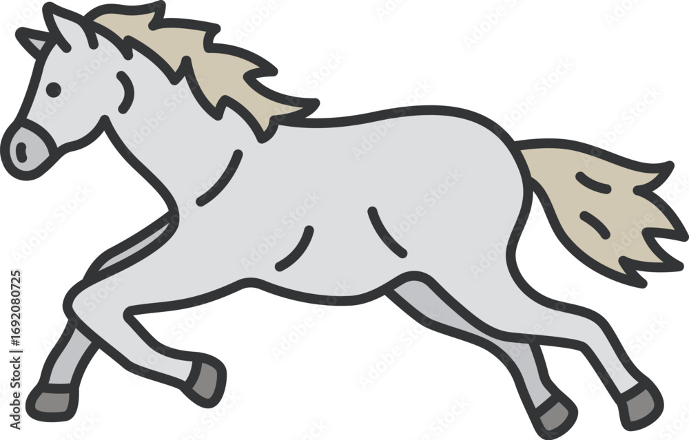 Obraz premium 横から見た、芦毛の走っている馬(線画)のイラスト