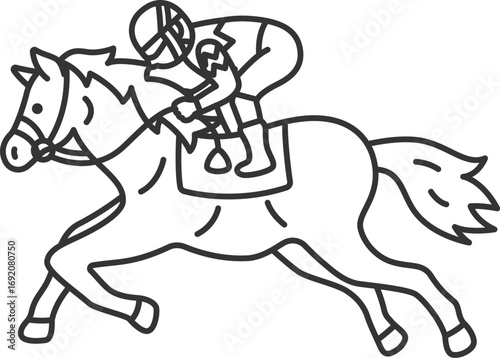 横から見た、走っている競走馬（線画）のイラスト