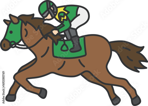 横から見た、走っている、マスクを付けた競走馬（線画カラー）のイラスト