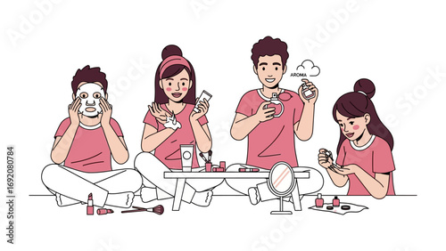 Diverse group of young friends enjoying a fun beauty spa day at home applying face masks and painting nails together