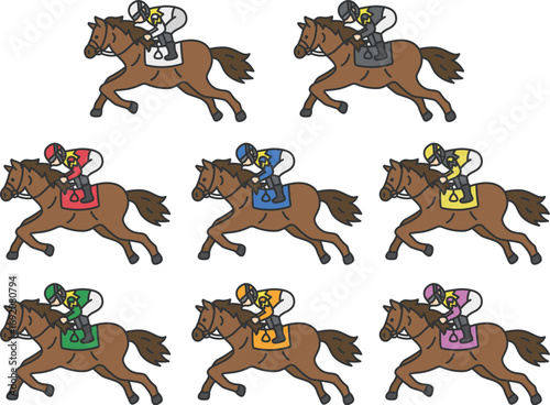 枠番別の競走馬（線画カラー）のイラストセット