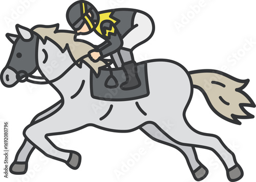走っている、マスクを付けた芦毛の競走馬（線画カラー）のイラスト