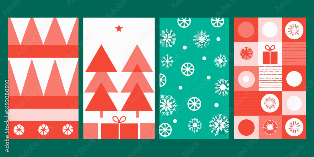 © Ratan - Four festive christmas themed geometric patterns in red and teal colors © Ratan - Four festive christmas themed geometric patterns in red and teal colors