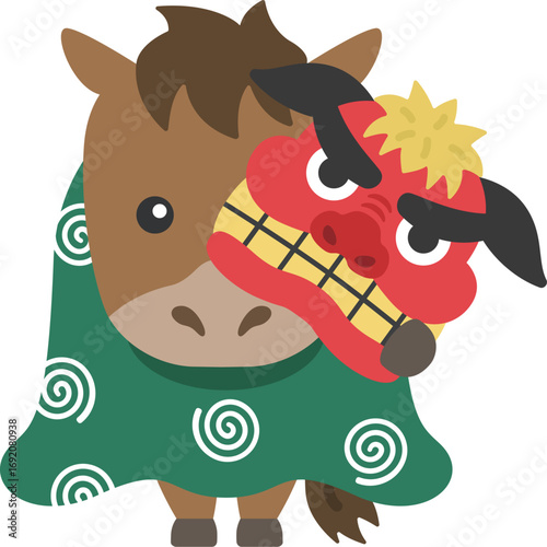 獅子舞の衣装を着た、馬のキャラクターのイラスト｜午年素材