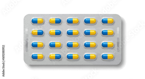 A close-up view of a blister pack filled with blue and yellow capsules, ready for consumption.