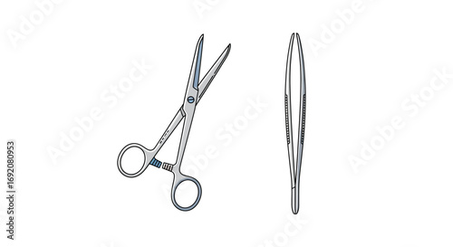 Two surgical instruments: a pair of scissors and a forceps, displayed against a white background.