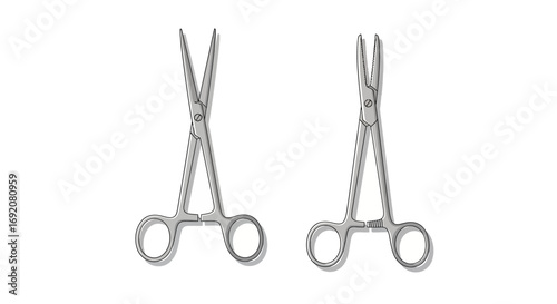 Two hemostatic forceps, one open with sharp tips and one closed with blunt tips, displayed on a white background.