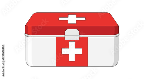 A brightly colored, rectangular first aid kit with a prominent white cross symbol.