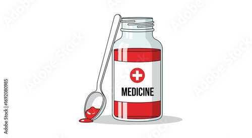 A clear illustration of a medicine bottle with a spoon, showing red liquid and a medical cross.