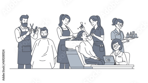 Diverse group of people working in a modern hair salon with stylists cutting and styling hair and a client receiving treatment
