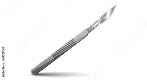 A surgical scalpel with a metal handle and a sharp blade is angled on a white background, casting a soft shadow.