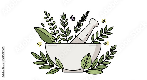 Illustration of a mortar and pestle filled with herbs and surrounded by leafy branches, representing natural medicine or herbal remedies.