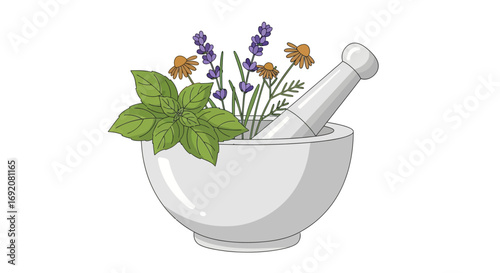 A white mortar and pestle filled with various herbs and flowers, ready for preparation.